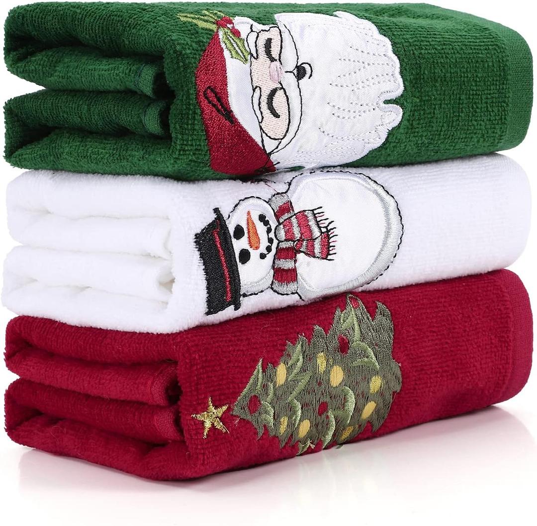Christmas Hand Towels Large Size 25x18 Cotton, High Absorbency, Christmas Holiday Decorative Dish Washing Towels Face Washing Towels 3-Pack Gift Set (Red + Green + White-l)