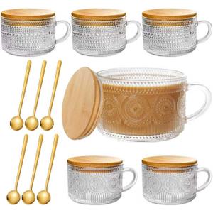 6 PACK Vintage Glass Coffee Mugs 14oz Clear Embossed Tea Cup Set with Bamboo Lids and Gold Spoons,Yogurt Bowl,kitchen gifts for women