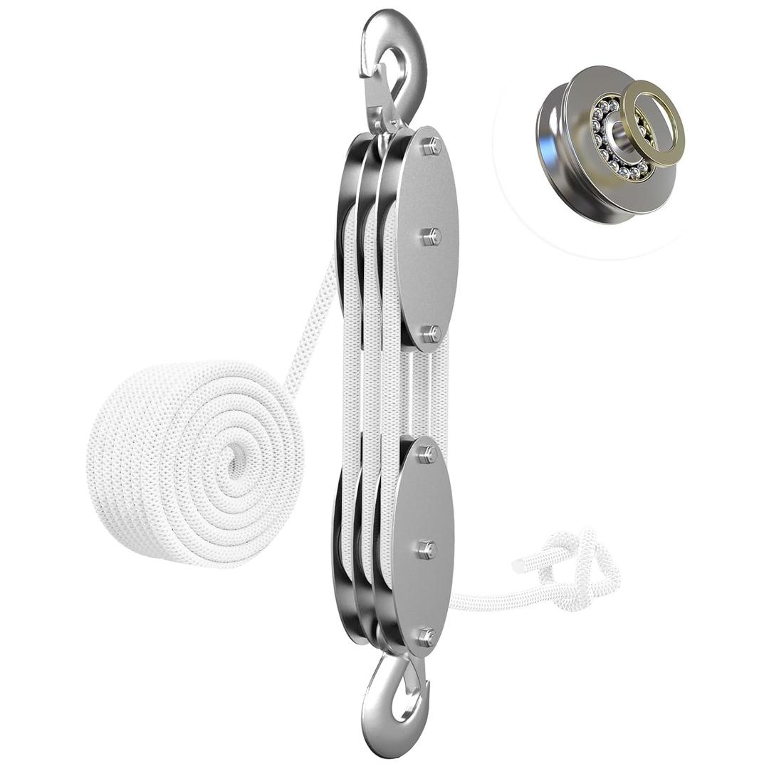 Rope Hoist Pulley System with Metal Bearing, 2200LB Pulley Block and Tackle, 6:1 Lifting Power 50ft, Heavy Duty Pulley Block for Hunting Lifting Garage Warehouses Building Gift