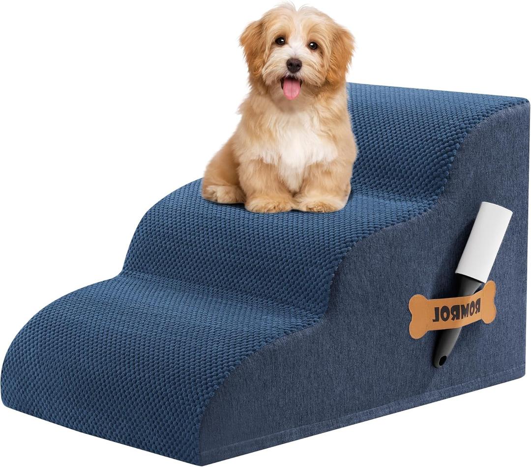 Romrol Dog Stairs Ramp for Beds Couches, Extra Wide Pet Steps with Durable Non-Slip Waterproof Fabric Cover, Dog Slope Stairs for Small Dogs and Cats or Pets Friendly, 3-Tiers, 13 Inch, Dusty Blue