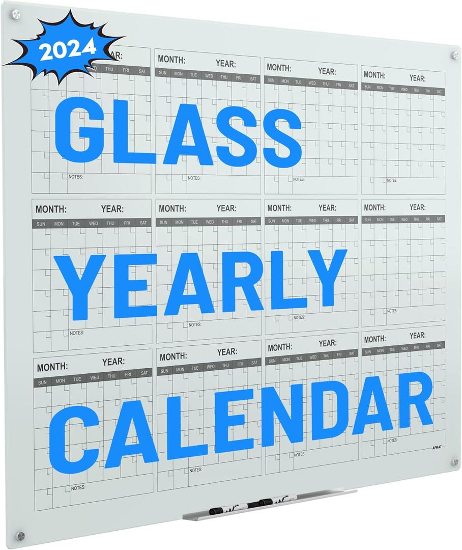 Magnetic Glass Calendar White Board, 2024 Yearly Planner, 34''x46'' Dry Erase Calendar Board, Wall Glass Calendar Board, 2 White Board Markers, 1 Marker Tray
