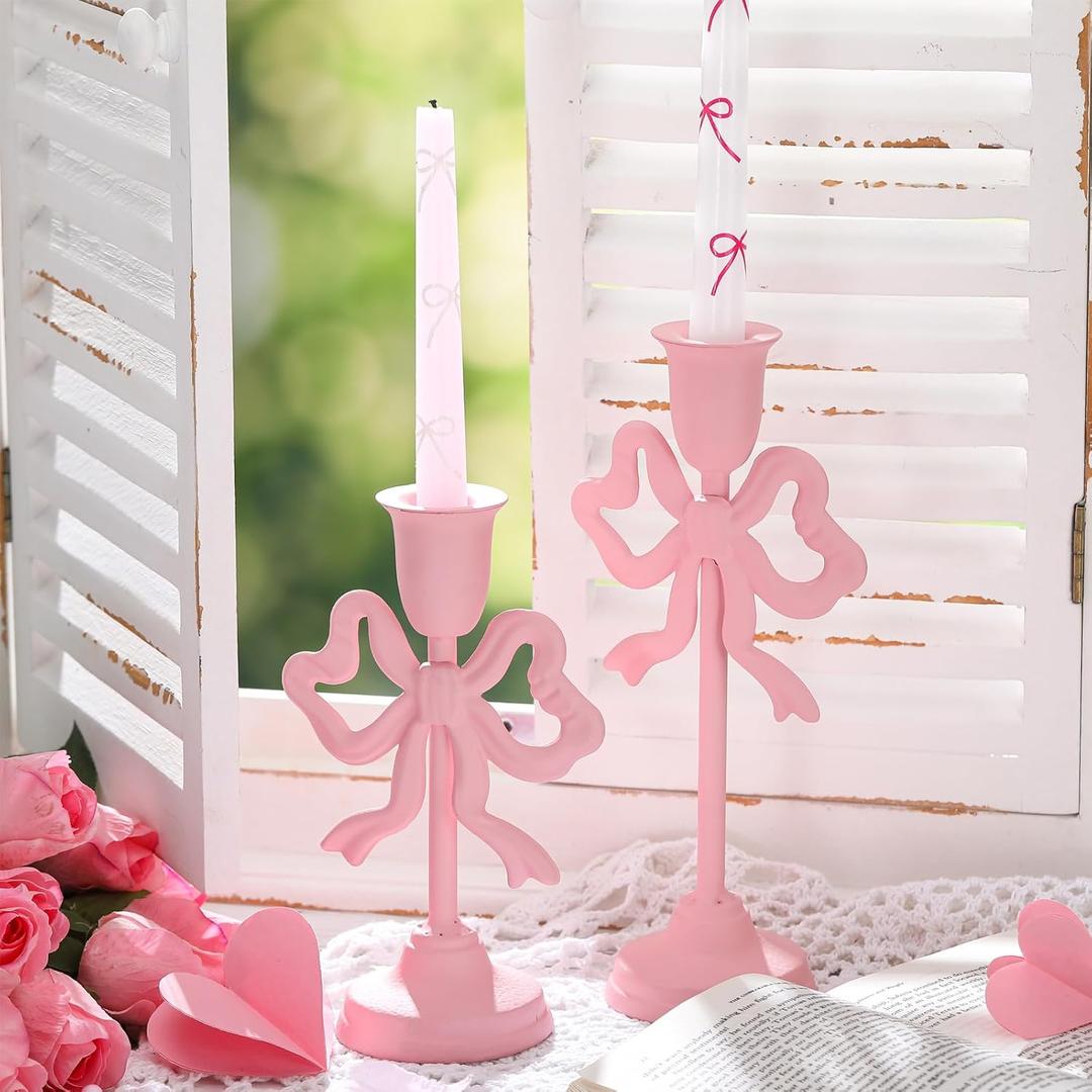 Mumufy 2 Pcs Pink Bow Taper Candlestick Holders Tall Pillar Candle Holders Decorative Candlestick Holder for Home Decor, Wedding, Dinning, Party, 2 Size 10 Inch 8 Inch, Single Sided Bow