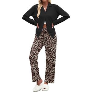 Ekouaer Women's Pajamas Sets Button Down Long Sleeve Lounge Sets Soft 2 Piece Pants Sleepwear (Yellow Black and Brown Leopard, S)