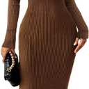 Narecte Sweater Dresses for Women 2025 Midi Winter Dress Square Neck Bodycon Dresses Long Sleeve Casual Dress Mocha Brown L