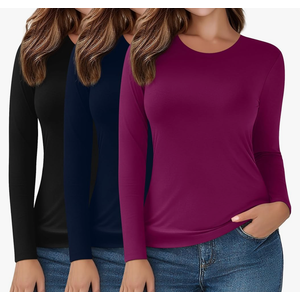 Ficerd 3 Pack 3/4 Sleeve Tops for Women Round Neck Dressy Basics Tees Casual Trendy Loose Fit T Shirts