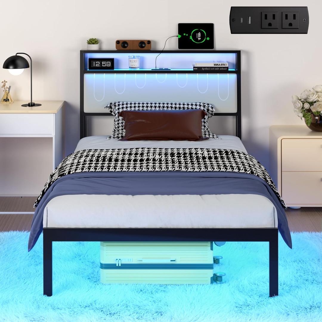 J.Fkne Twin Bed Frames with LED Lights & Charging Station, Metal Platform Frame with Upholstered Headboard, No Box Spring Needed, Noise Free, Easy Assembly