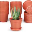 4 inch Small Plant Pots, 28 Pack Plastic Planters with Drainage Holes and Saucers for Flowers Plants, Succulents, Seed Starting Pots, Terracotta