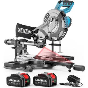 SEESII Sliding Compound Miter Saw: Cordless Power Miter Saw with Laser Guide 8-Inch, 2 * 5000 mAh Batteries, Single Bevel 45, 24T TCT Blade, Max Cut 2.512-inch, Ideal for DIY & Woodworking