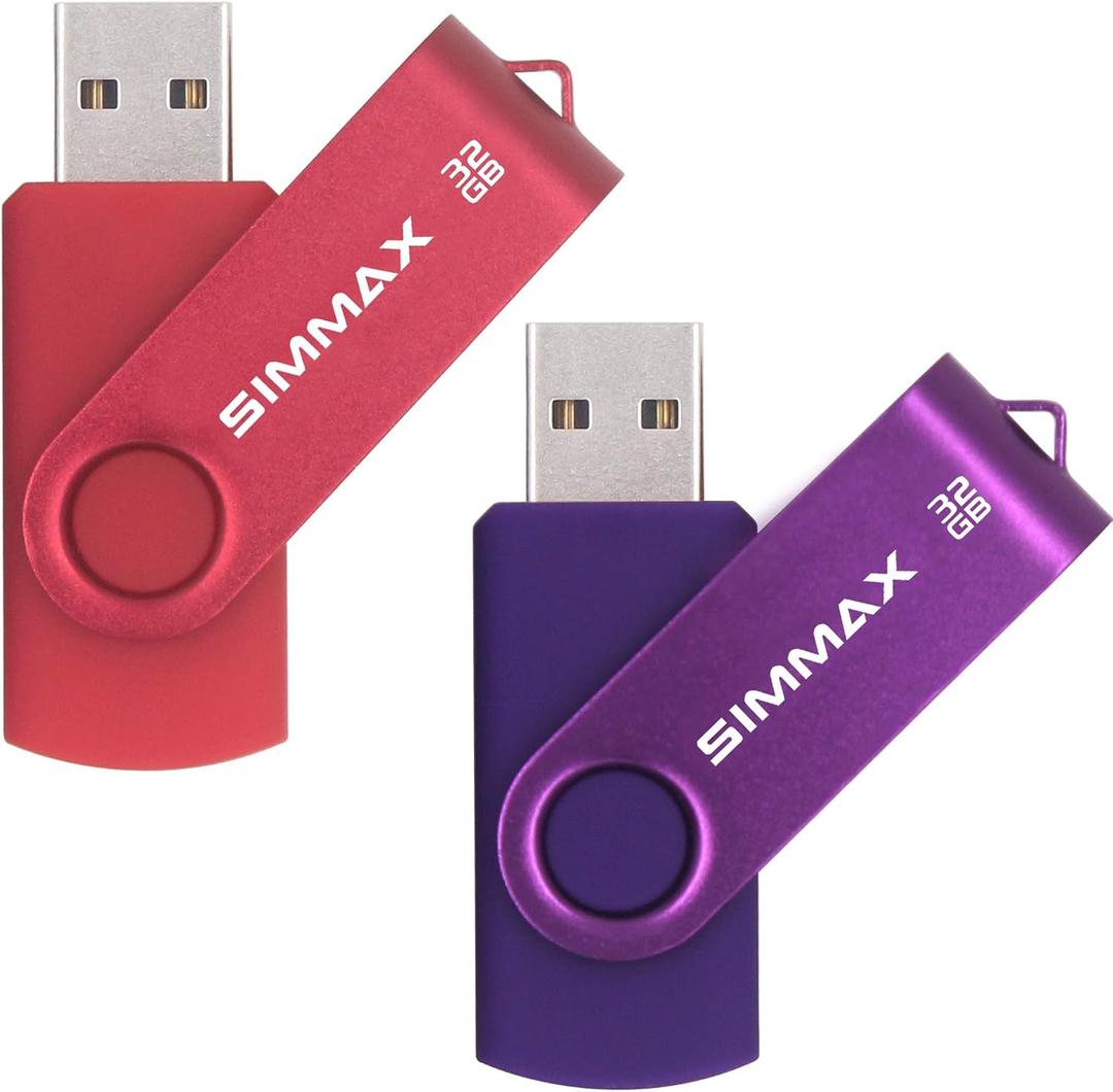 SIMMAX USB Flash Drives 2 Pack 32GB Memory Stick Swivel Design USB 2.0 Flash Drive Thumb Drive Zip Drives (32GB Red Purple)