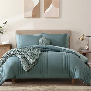 Monbix Queen Comforter Set - 7 Pieces Dark Green Bed in a Bag Queen Bedding Sets with Comforters, All Seasons Down Alternative Comforter Bed Set with Sheets,Pillowcases & Shams