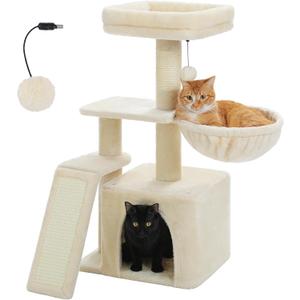 PETEPELA Small Cat Tree for Indoor Cats, 32'' Cute Cat Tower Cat Condo with Sisal Scratching Ramp, Cozy Hammock and Removable Top Bed Perch for Kittens, Beige