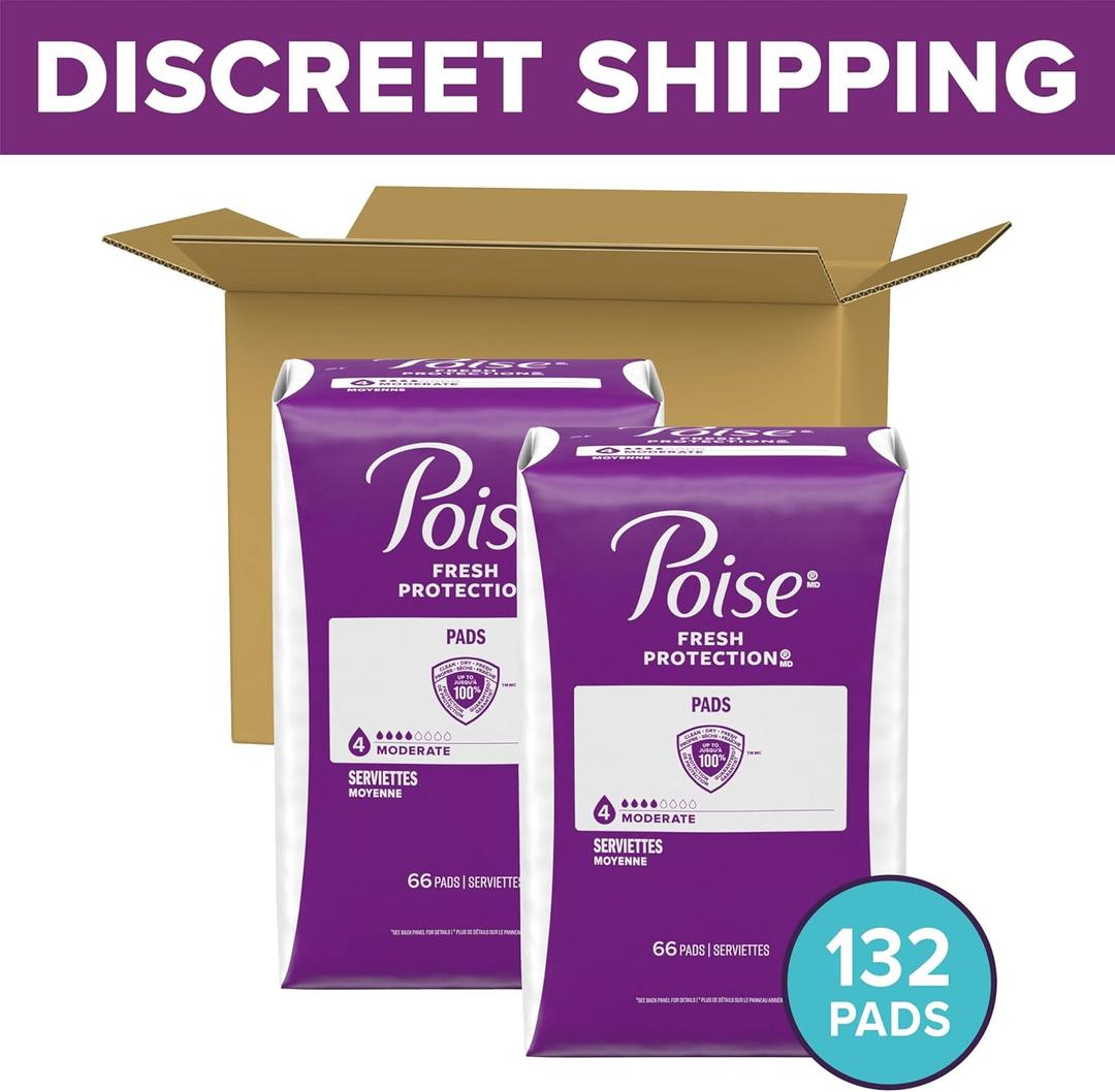 Poise Incontinence & Postpartum Pads for Bladder Leaks, 4 Drop Moderate Absorbency, Regular Length, 132 Count