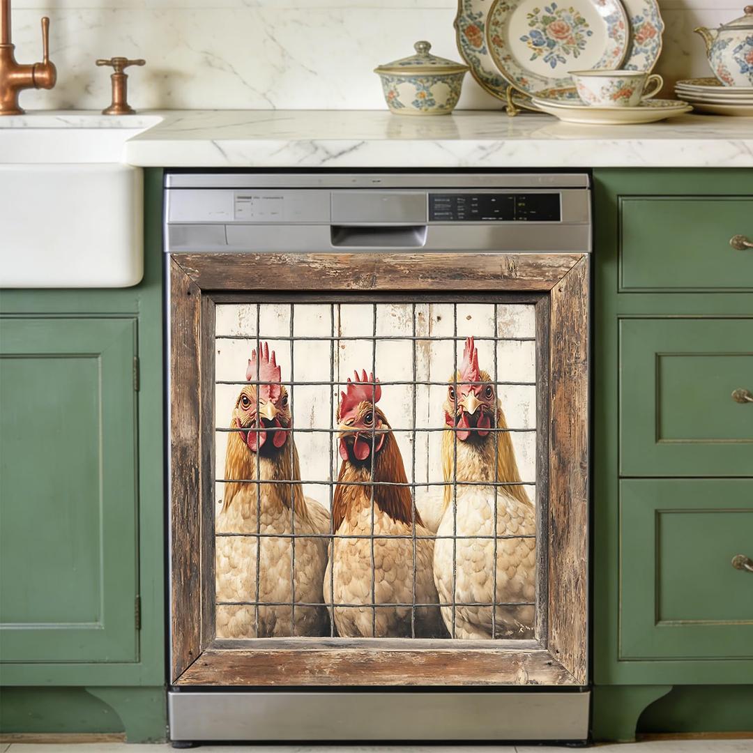 Dishwasher Magnet Cover 23" x 25.6", Independence Day Magnetic Door Wrap, Reusable Fridge Appliance Decor Sticker for Kitchen (Farm Chickens, Rustic Window, 23" W x 26" H)