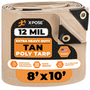 Heavy Duty Tan Poly Tarp 8' X 10' - Multipurpose Protective Cover - Durable, Waterproof, Weather Proof, Rip and Tear Resistant - Extra Thick 12 Mil Polyethylene - by Xpose Safety