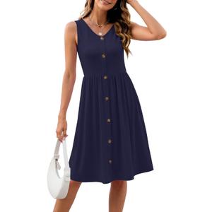 Women's Casual Summer Dress Sleeveless V-Neck A-Line Midi Length Elastic Waist Flowy Boho Beach Dresses (Blue, L)