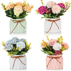 BLOSMON Fake Flowers in Vase for Centerpieces: 4 PCS 5.9 Inch Small Artificial Hydrangea with Vase Table Decor - Faux Floral Arrangements Desk Home Party Bathroom Office Decorations