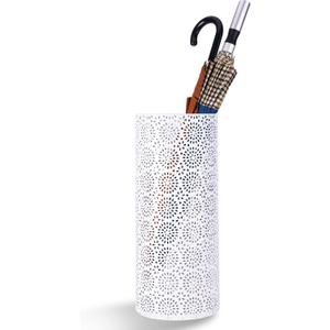 Umbrella Stand Rack for Entryway, Free Standing Metal Umbrella Holder, Round Umbrella Organizer Bin with 3 Hooks for Long Short Umbrella, Walk Stick, Home Office Indoor, 17 x 7 Inch, White