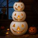 Nuogo 3 Pcs Halloween Metal Jack O Lanterns Pumpkin Set with LED Candles - Pumpkin Lanterns in White Color Creepy Cloth Decoration Bundle for Halloween Fall Rustic Indoor & Outdoor Decor