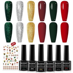 MIZHSE Christmas Gel Nail Polish Set, 6 Colors Sparkle Green Glitter Gold Silver Gel Polish Dark Green Dark Red Gel Polish Kits Soak Off Nail Art Manicure Home New Year Day Gifts for Ladies