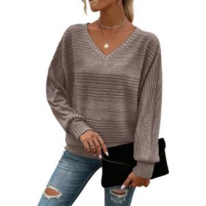 Womens Sweaters Casual Long Sleeve Shirts Loose V Neck Lightweight Knit Sweater Trendy Fall Clothes for Women 2025 Coffee XX-Large