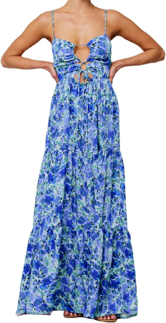 Summer Floral Sundress for Women Spaghetti Straps Hollow Out Tie Front Maxi Dress Flowy Smocked Bohemia Dress (Large, Blue)