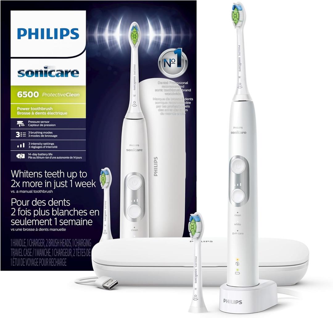 Philips Sonicare ProtectiveClean 6500 Rechargeable Electric Toothbrush, with Pressure Sensor, 3 Cleaning Modes, SmarTimer and QuadPacer, 14-Day Battery Life, Charging Travel Case, White, HX6462/05