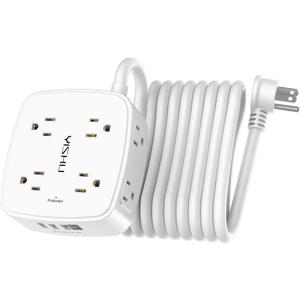 15 Ft Surge Protector Power Strip - 8 Widely Outlets with 4 USB Ports, 3 Side Outlet Extender with 15 Feet Extension Cord, Flat Plug, Wall Mount, Desk USB Charging Station, ETL, White