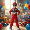 Race Car Driver Costume for Boys Racer Jumpsuit with Car Cap for Halloween Dress Up