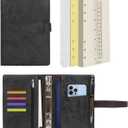 Wonderpool Leather Journal Refillable Binder A5 Writing Notebook Folder Organiser with Dotted Paper & Multi Pockets Cover for Business School Travel (A6, Black)
