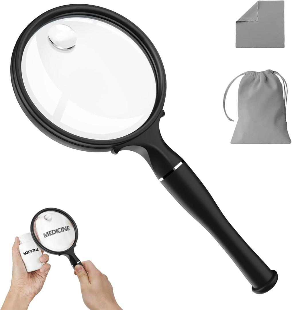 10X 30X Magnifying Glass, 90MM Anti-Glare Acrylic Lens, Handheld Reading Magnifier for Elderly and Fine Craft Observation (Black)