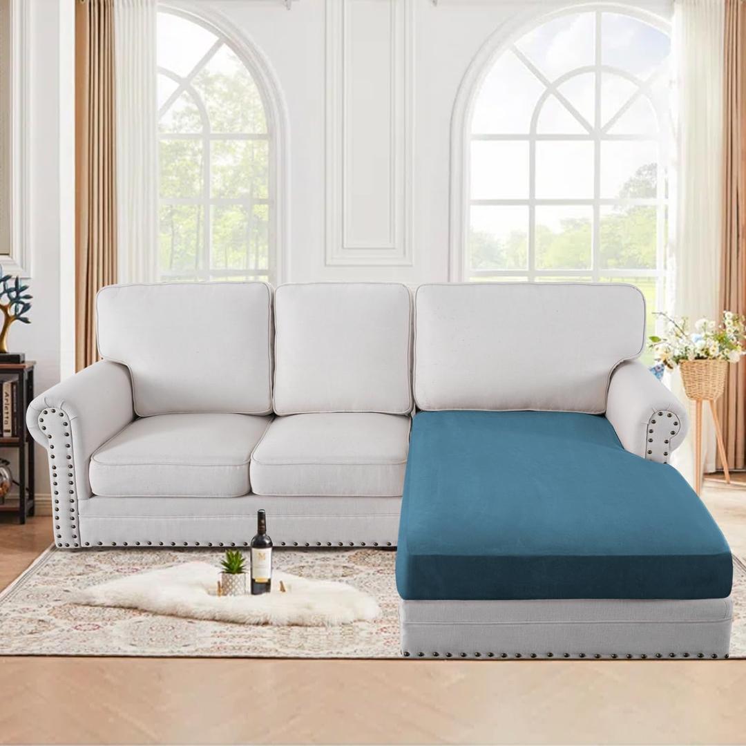 H.VERSAILTEX Suede Stretch Individual Chaise Cushion Cover Replacement Sectional Couch Covers L Shape Sofa Both Left/Right Soft Couch Seat Covers for Pets Washable(1 Piece Chaise Cover, Stone Blue)
