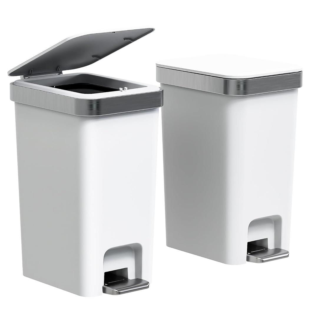 2Pack Small Bathroom Trash Can with Lid Soft Close, 10 Liter/2.6 Gallon Slim Garbage Can-Metal Step and Press top Lid, Mini Modern Waste Basket for Toilet, Office, Bedroom,Dorm,Grayish-White