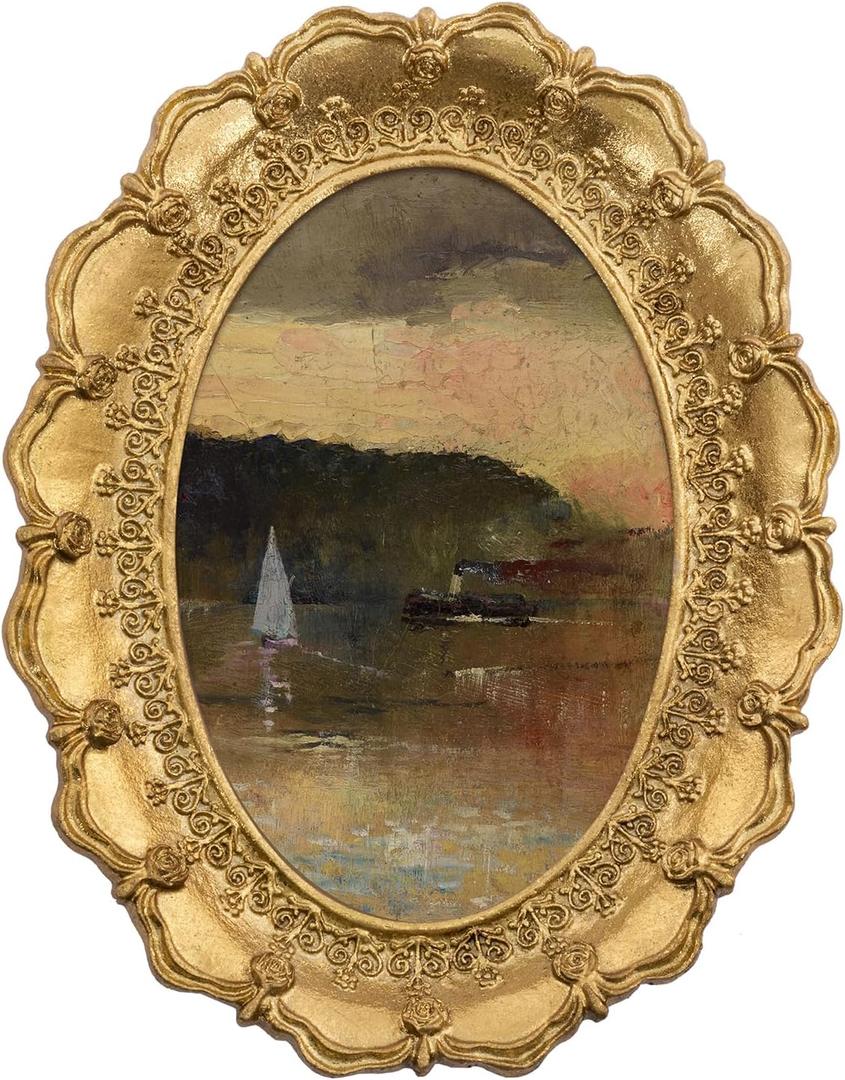 FOLKOR Coastal Wall Art with Gold Oval Frame, Beach Landscape Canvas Prints Home Living Room Bedroom Kitchen Decor, Ocean Wall Decor for Tabletop Gallery Wall Hotel Decoration, 4x6 (Sydney Harbour)
