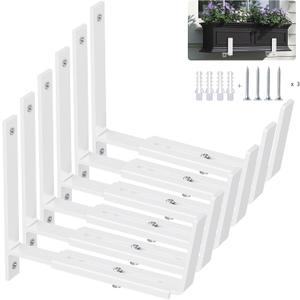 Y&M 6 Pack Adjustable Planter Brackets (6 to 12.5 in), Universal Window Box Brackets, Heavy Duty Iron Flower Box Wall Mounting Hooks for Balcony, Fences, Patio, and Garden - White