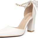 jiewmqci Women's Pearl White Wedding Shoes Bridal White Heels Pointed Toe Dress Prom Banquet Shoes Thick Heel Sandals(White, Adult, Women, 8, Numeric, US Footwear Size System, Medium)