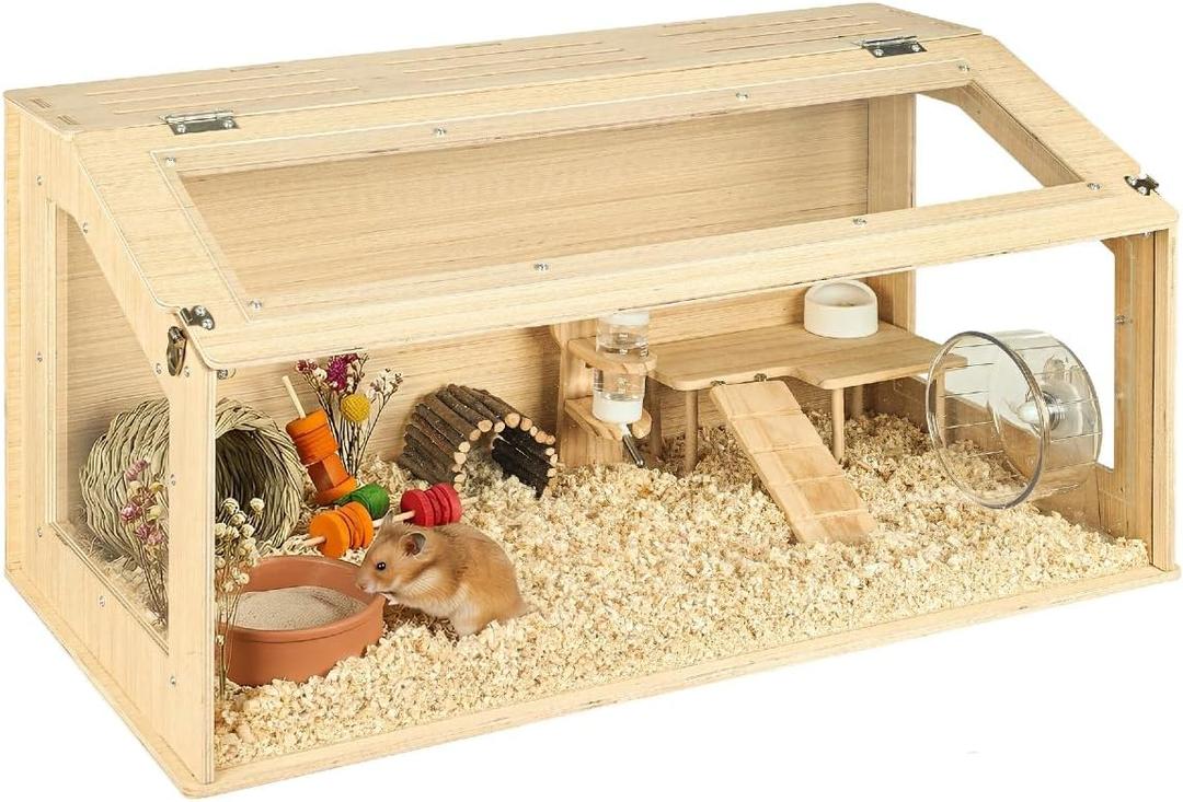 Large Wooden Hamster Cage, 31.5" Portable Habitat with Acrylic Panels & Openable Top, Includes Water Bottle, Fences and Platform for Syrian Hamsters, Dwarf Hamsters, Gerbils