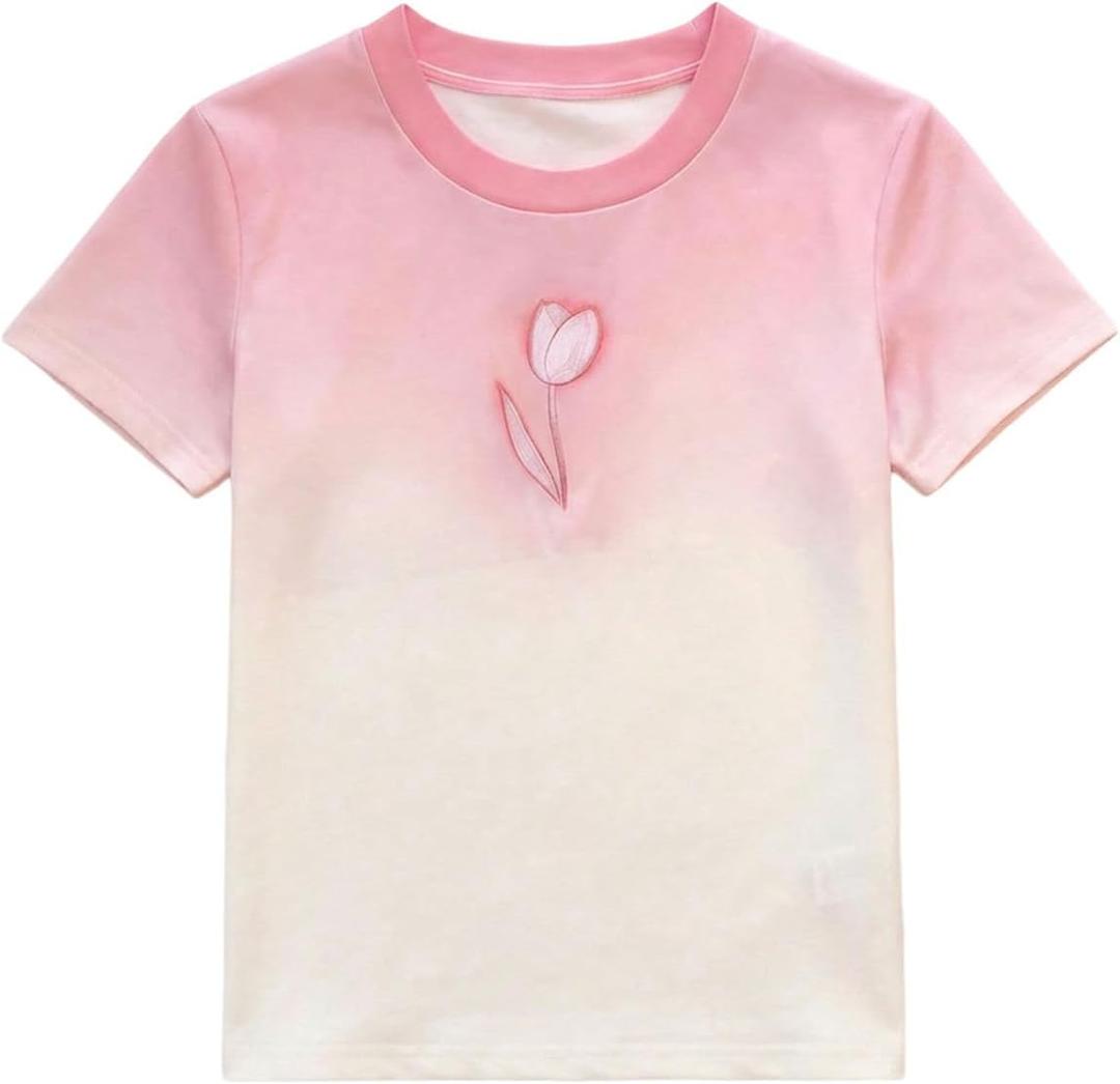 RoseSeek Women's Ombre Floral Graphic Tees Crew Neck Short Sleeve T Shirts Summer Tops, Small