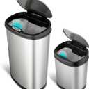 Ninestars Two-Piece Automatic Trash Can Combo Set, 13 Gal (50L) & 3 Gal (12L) Touchless Motion Sensor Garbage Cans with Odor-Sealing Lids, Matching Oval Stainless Steel, Black Trim