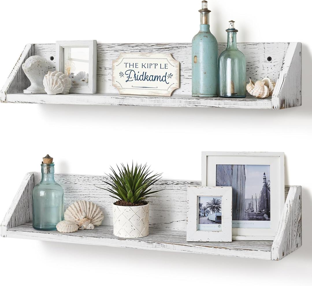 Gronda Floating Shelves for Wall, Shabby Chic Whitewashed Wooden Shelf 23 Inch Farmhouse Rustic Decor Wall Mount Organizer Storage Shelves for Living Room Bedroom Kitchen