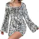 KDTM Sparkly Sequin Long Sleeve Prom Dresses Short Tight Homecoming Dresses for Teens Mini Cocktail Gown (4, Silver)