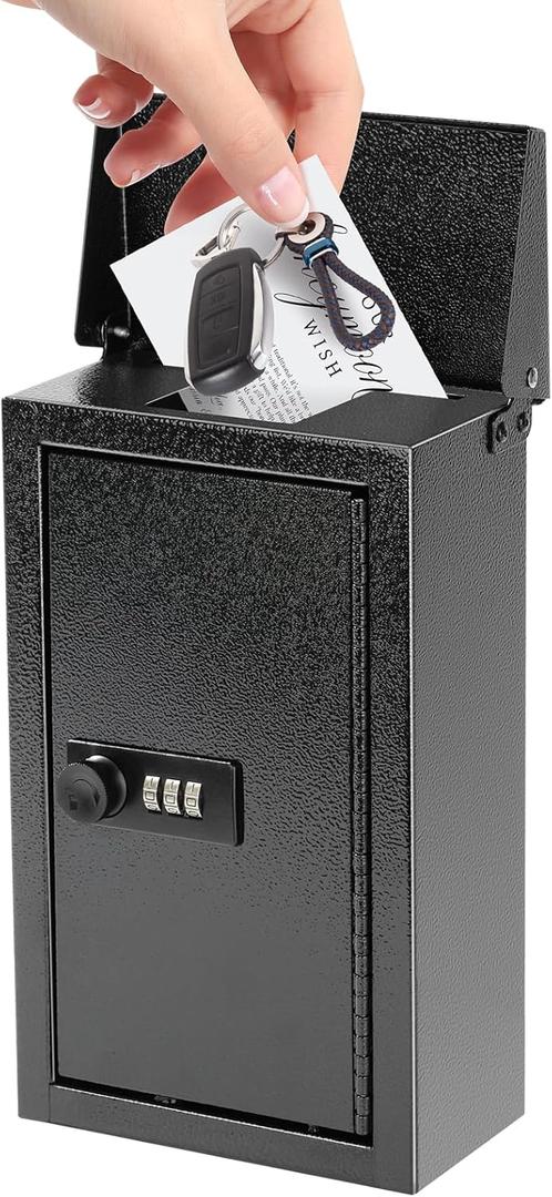 xydled Wall-Mounted Key Drop Box with Combination Lock, Metal Mailbox, Indoor&Outdoor Storage Box, Hanging Secured Postbox, for Home & Business Use, 5.5X 3.0X 9.8 inch, Black