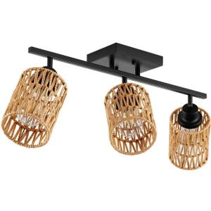 3-Light Rattan Ceiling Lighting Kits Track Lighting Fixture with Boho Farmhouse Style, Modern Bathroom Light Fixtures Black Spotlight and Rattan Shades for Kitchen Bathroom Living Room Hallway