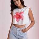 SweatyRocks Women's Floral Print Cropped Tank Top Crew Neck Sleeveless Y2K Summer Tops (White, XS)