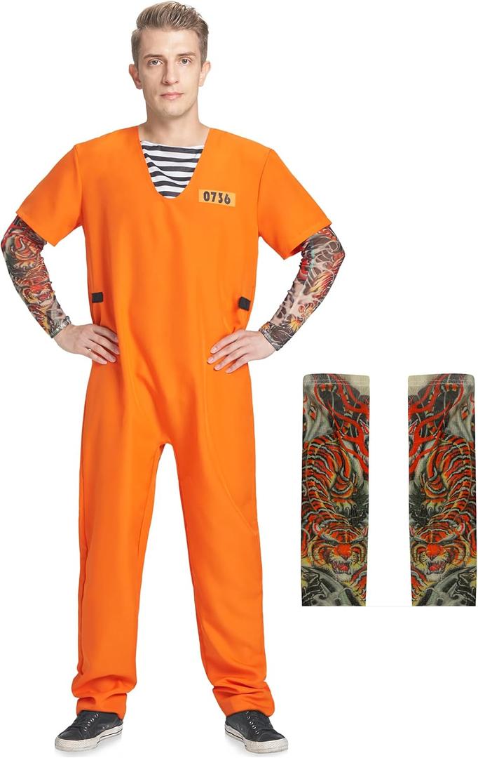 Men Prisoner Costume, 2 Pcs Convict Jail Jumpsuit Inmate Set Outfit for Adult Man Dress Up Halloween M-XXL (Orange)