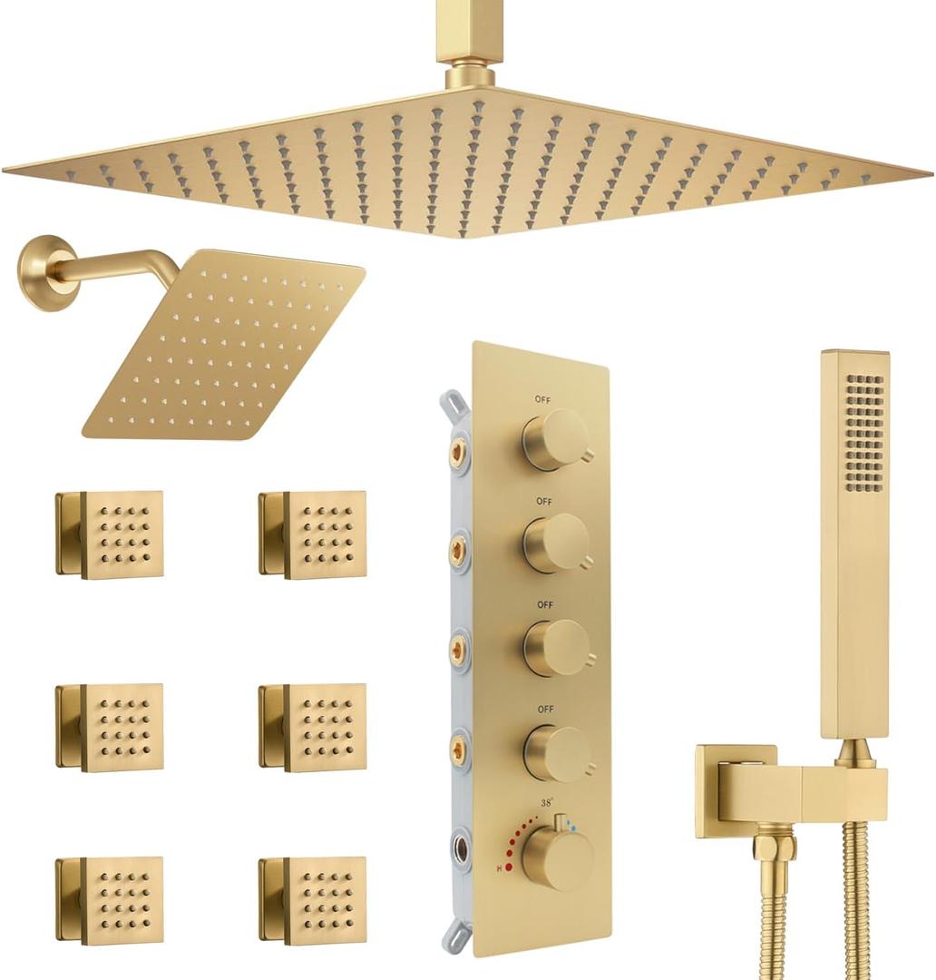 Thermostatic Shower System Dual Shower Heads with 16" Ceiling Mounted Rain Shower Head & 6" Wall Mounted Head 4 Function Shower System with body jets Can All Run Together, Brushed Gold