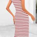 BTFBM Casual Women Spring Dresses 2025 Sleeveless Striped Midi Button Down Dress Ribbed Knit Cardigan Cover Up Dress (Pink, M)