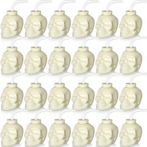Umigy 24 Pack Halloween Plastic Cups with Straw and Lids 17 oz Halloween Skull Head Shaped Cups Bulk Reusable Skull Cups for Skull Party Supplies Birthday Gifts Drinkware(White)