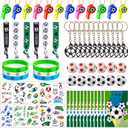 Soccer Party Favors Supplies Set With 80PCS Soccer Theme Birthday Party Decorations Gift Toy Stickers Eraser Silicone Wristbands Soccer Ball Keychains Whistle Prefect for Football Party Gifts Bags