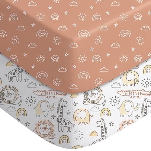 Yoofoss Baby Pack and Play Sheets 2 Pack for Boys and Girls - 38x26 Mini Crib Sheets Fitted Neutral Compatible with Graco Pack n Play Mattress,Ultra Soft Breathable Microfiber Animal World