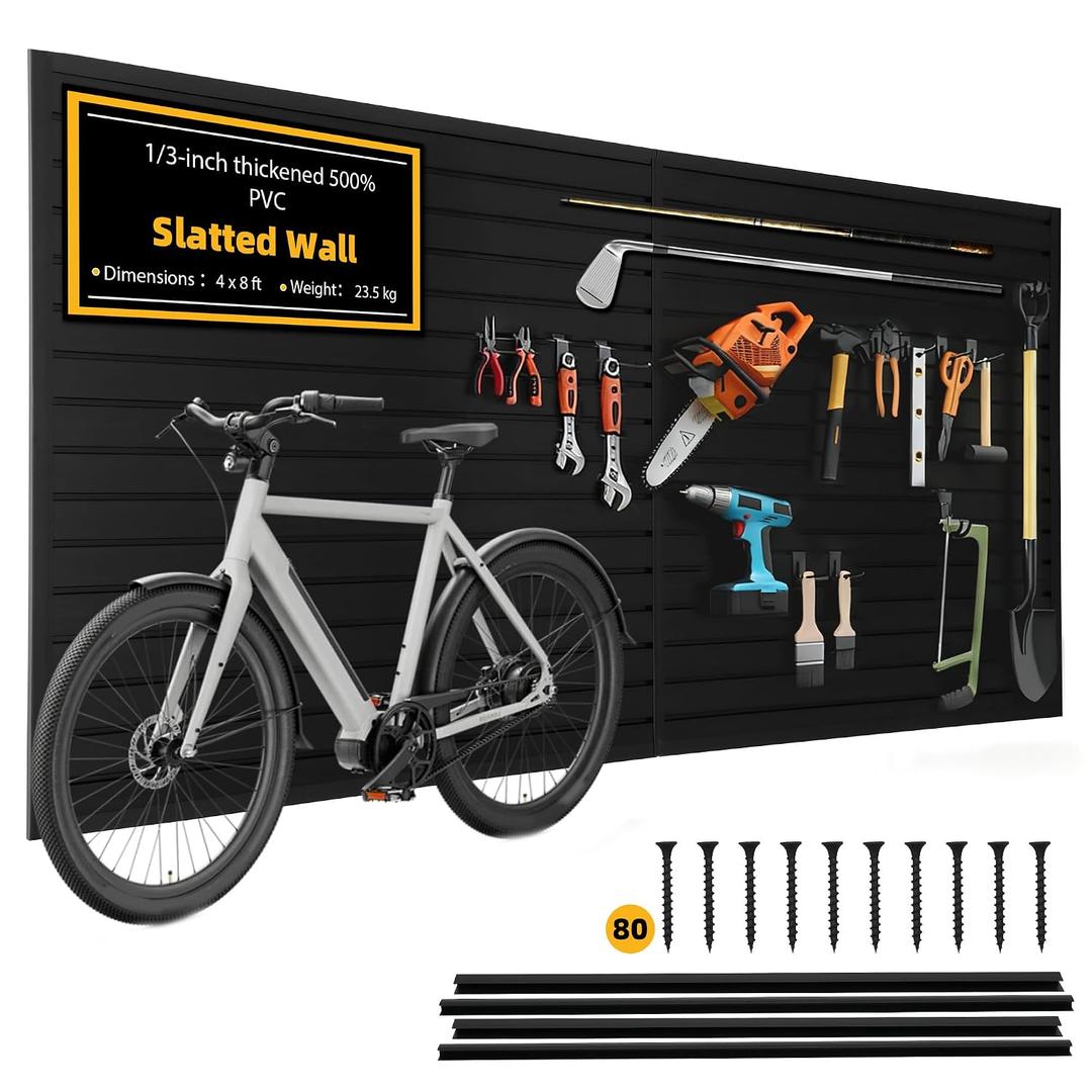 Slat Wall Paneling 4'x8' Garage Wall Organizer (2026Upgraded), Heavy-Duty PVC Slatwall Panels Boosts Load by 30%, Black Slat Board, Slatwall Tool Storage System for Garage & Workshop Tool Organization
